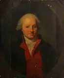 Nicolas-Antoine Taunay, A portrait of a gentleman, quarter-length, wearing a red waistcoat, oil on cradled panel, in a painted oval