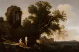 Moyses van Uytenbroeck, A landscape with two figures in the foreground, a Bacchic procession in the distance and with the ruins of a temple on a cliff above, oil on panel