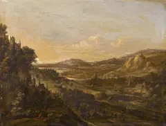 Dionys Verburgh, An extensive landscape with figures outside of a town, oil on panel