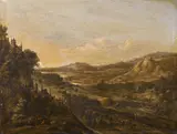 Dionys Verburgh, An extensive landscape with figures outside of a town, oil on panel