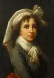 Élisabeth Louise Vigée Le Brun, Self portrait of the artist, half-length, in a blue dress and red sash, with a white headress, oil on canvas laid down on board