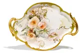 Franz Bischoff, Cartouche formed tray with pink roses and gilded edge, porcelain