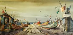 Arne Rudolph Jensen, Newport pier, watercolor on paper