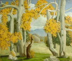 Ralph William Holmes, A view through the trees, oil on masonite