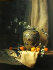 Eleanor Moore, Still life with ceramic vase, oranges and grapes, oil on canvas