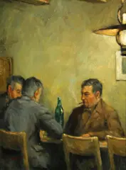 Olaf Palm, Three men at a table, oil on canvas board