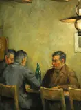 Olaf Palm, Three men at a table, oil on canvas board