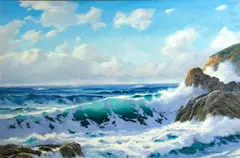 George A. Rohrer, Waves crashing on a rocky coast, 1991, oil on canvas