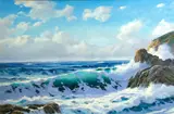 George A. Rohrer, Waves crashing on a rocky coast, 1991, oil on canvas