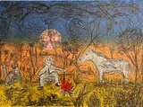 Roy De Forest, Untitled (man at campfire with dog and horse), 1987, Color lithograph on wove paper