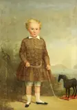 A portrait of a young boy with his toy horse by English School, oil on canvas, sold Jul 2013