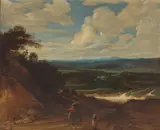 Lucas Achtschellinck, A landscape with figures and a wagon on a track in the foreground, oil on canvas