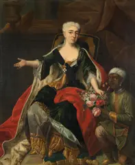 Martin, A portrait of a noblewoman, full length, seated, with a blackamoor kneeling beside her holding a basket of flowers, thought to be Élisabeth Christine de Brunswick-Wolfenbüttel, oil on canvas