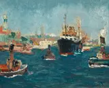 Ship and tugboats along the coast by American School, oil on canvas, sold Jul 2013