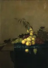 Gerrit van Vucht, A still life of grapes and peaches resting on a table draped with a blue cloth, oil on panel