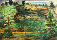California School, Rolling hills and telephone polls, 1961, acrylic on canvas