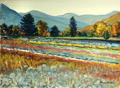 Elmer Hader, Fields and mountains, oil on canvas board