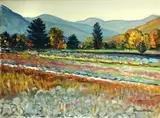 Elmer Hader, Fields and mountains, oil on canvas board