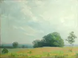 Irma René Koen, Meadow with trees under cloudy skies, oil on canvas