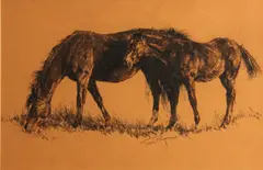 Horses grazing by Tom Ryan, charcoal on paperboard, sold Jul 2013