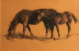 Tom Ryan, Horses grazing, charcoal on paperboard