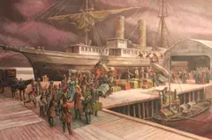 Lynd Ward, Mark Twain greeting people at a bustling harbor, oil on masonite