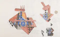 Dennis Croteau, Study for sculpture, Orange, New Jersey, 1983, pen, marker, watercolor and mixed media on paper