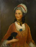 A portrait of a lady, half-length, holding a small black dog by English School, oil on canvas, offered Jun 2013