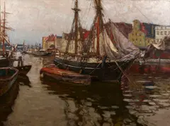 August Eiebakke, A port scene, oil on canvas
