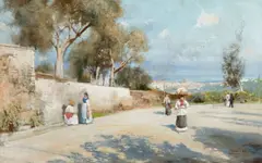 Attilio Pratella, Figures on a road overlooking the Bay of Naples, watercolor on paper
