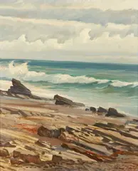 Approaching Storm; Barley field near Black Hawk, Danville area; Rocks along the shore (3) by Ray Strong, first and third oil on board; second oil on canvas affixed to board, sold Jun 2013