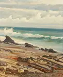 Ray Strong, Approaching Storm; Barley field near Black Hawk, Danville area; Rocks along the shore (3), first and third oil on board; second oil on canvas affixed to board