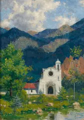 Kenneth Stevens MacIntire, Mission in the mountains, oil on canvas