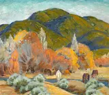 Ila Mae McAfee, Horses grazing along a stream, oil on board