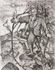 Steven Campbell, Bearded hiker and a marsh, ink on paper