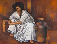 Raúl Anguiano, Yalalteca con ánfora (Girl with Pottery), 1978, oil on canvas