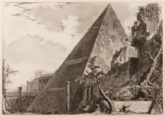 Piramide di C. Cestio, from Vedute di Roma (W. 190; H. 36), 1756/later by Francesco Piranesi, Etching on laid paper with 'Bracciano' watermark, a posthumous Roman impression, sold Jun 2013