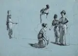Continental School, A study of women in classical Greek costumes, charcoal, white chalk and pencil on blue paper
