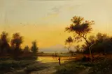 John Horace Hooper, A river landscape at sunset, oil on canvas laid down on board