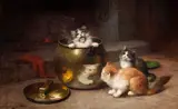 Léon Huber, Kittens in the kitchen, oil on canvas