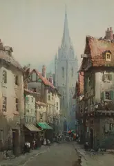 Arca Noel Harry Leaver, A busy street near a cathedral, watercolor over pencil on paper