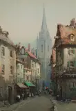 Arca Noel Harry Leaver, A busy street near a cathedral, watercolor over pencil on paper