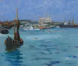 Alexandre Lunois, Shipping in a harbour, oil on canvas