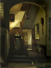 Willem Linnig the Elder, An interior with a woman descending a staircase, oil on panel