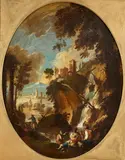 Salvator Rosa, A rocky landscape with a waterfall and figures in the foreground, oil on canvas