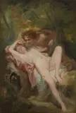 Nicolas François Octave Tassaert, A nymph and a satyr in the woods, oil on paper laid down on canvas