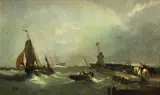 George Clarkson Stanfield, Fishing boats off a jetty in choppy waters, oil on canvas