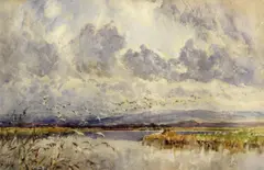 Frederick Whitehead, A marsh landscape with a flock of gulls, watercolor