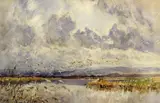 Frederick Whitehead, A marsh landscape with a flock of gulls, watercolor