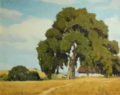 Joseph Hastings Bennett, Oak tree by a country home, oil on canvas